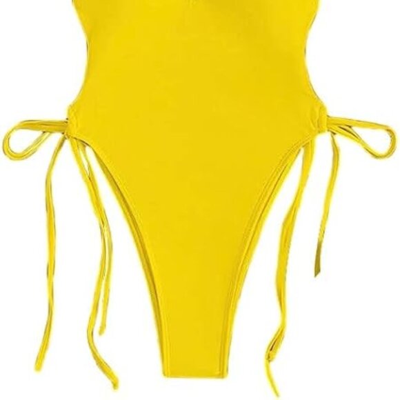 SUNSHINE YELLOW STRAPPY BACK HIGH-CUT CHEEKY ONE PIECE SWIMSUIT SIZE LARGE NWOT - Picture 8 of 13